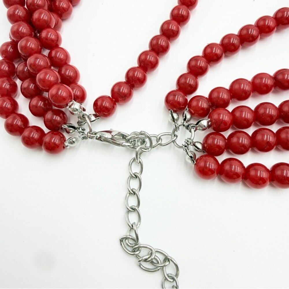 Vintage Red Beaded Multi Strand Statement Necklace Bold Chunky Bib - Picture 4 of 7